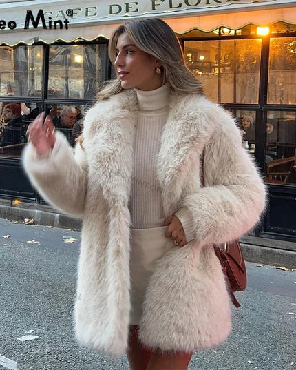 Women's Faux Fur Lapel Coat – Luxury Furry Overcoat for Women