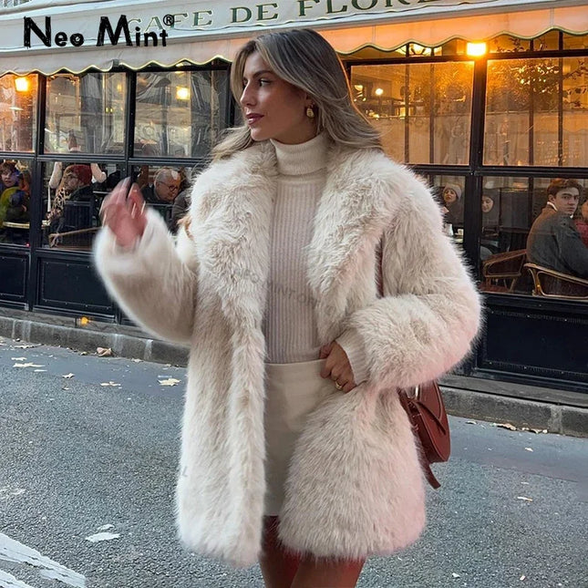 Women's Faux Fur Lapel Coat – Luxury Furry Overcoat for Women