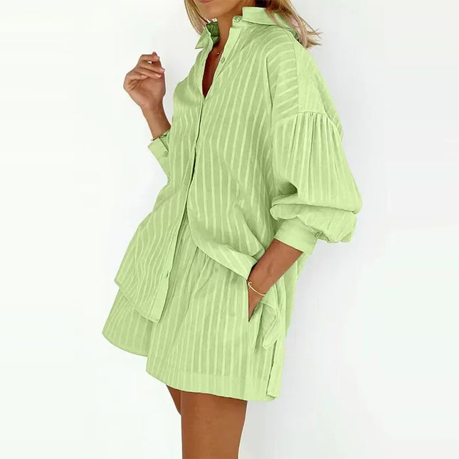 Women's Casual Two-Piece Striped Jacquard Shirt and Elastic Waist Shorts Set