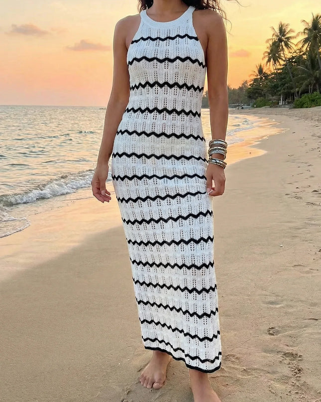 Women's Sleeveless Striped Hollow-Out Crochet Knit Dress