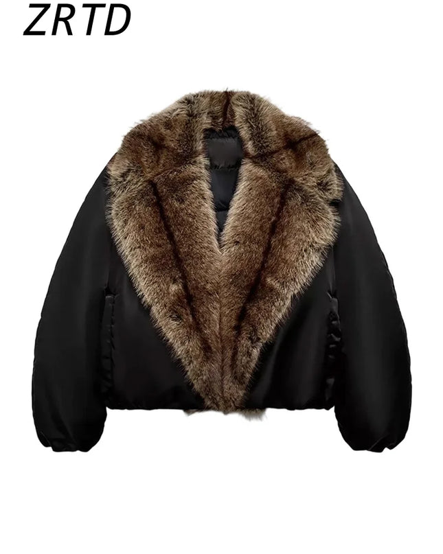 ZRTD Women's Faux Fur Patchwork Cropped Loose Lapel Jacket/Vest