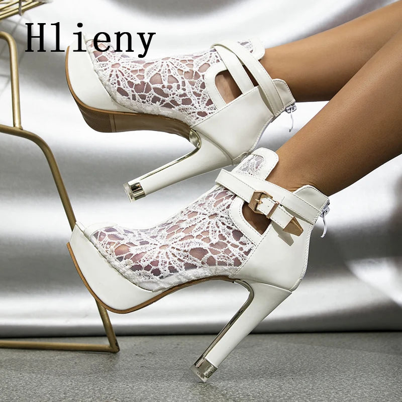 Hlieny Mesh Fabric Platform High Heels Boots