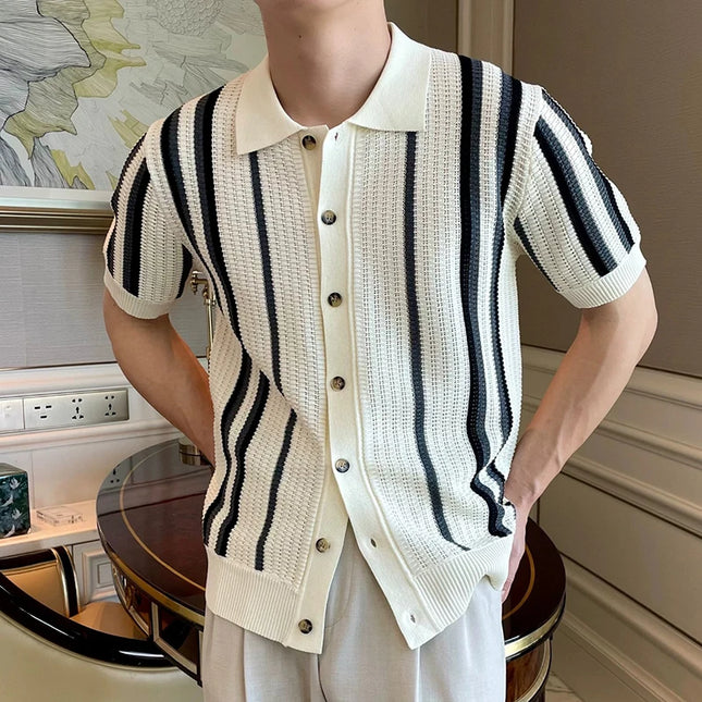 Men's Retro Style Striped Knit Polo Shirt - Casual Classic