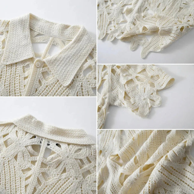 Retro Crochet Men's Shirt with Floral Knit Mesh Design
