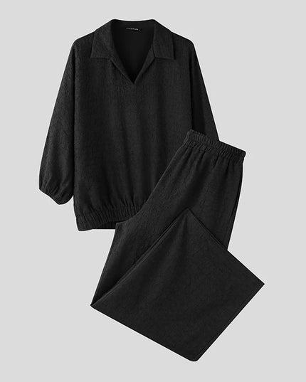 Incerun Men's Two-Piece Oversized Set: Lapel 3/4 Sleeve Shirt and Wide-Leg Pants