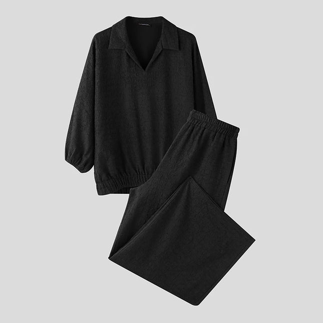Incerun Men's Two-Piece Oversized Set: Lapel 3/4 Sleeve Shirt and Wide-Leg Pants