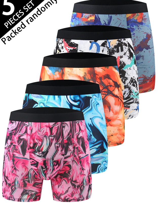 5-Pack Men's Long Boxer Shorts - Assorted Graffiti Pattern, Mid-Waist, High Elasticity