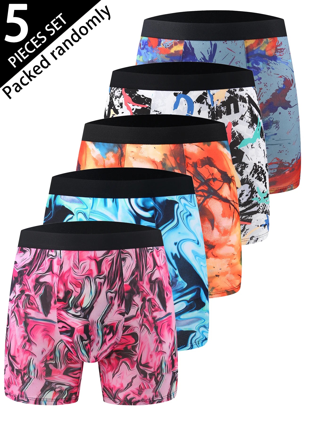 5-Pack Men's Long Boxer Shorts - Assorted Graffiti Pattern, Mid-Waist, High Elasticity