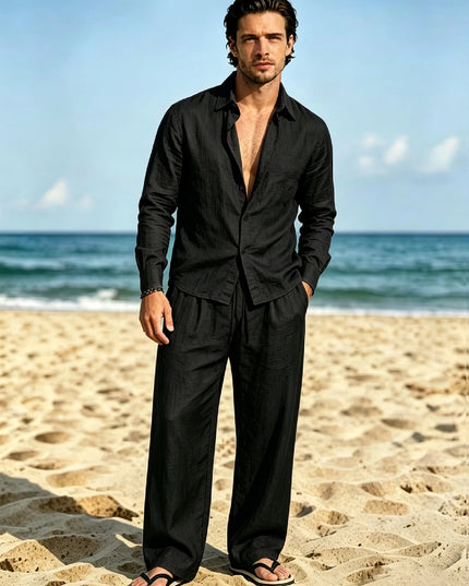 Men’s Two-Piece Long-Sleeve Shirt and Wide-Leg Pants Set