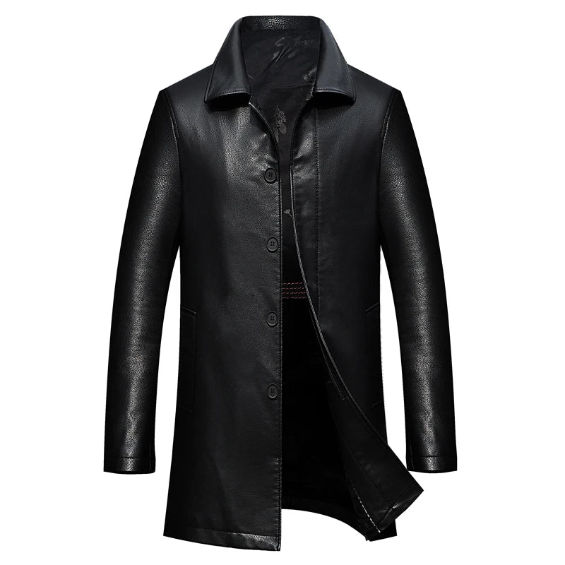 Men's Long Faux Leather Trench Coat with Lapel - Stylish & Durable Leather Outerwear for Men