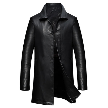 Men's Long Faux Leather Trench Coat with Lapel - Stylish & Durable Leather Outerwear for Men
