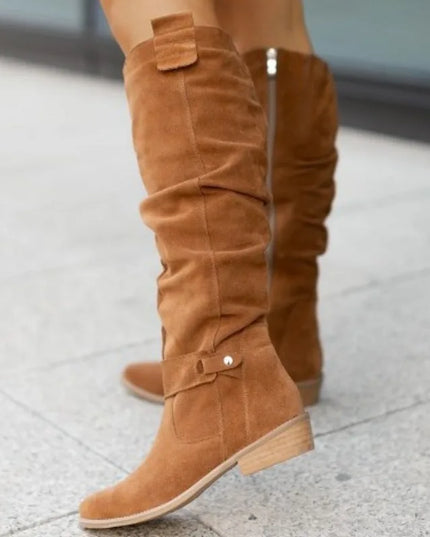 Women's Long Suede Boots with Low Heel and Side Zip - Stylish & Comfortable Footwear