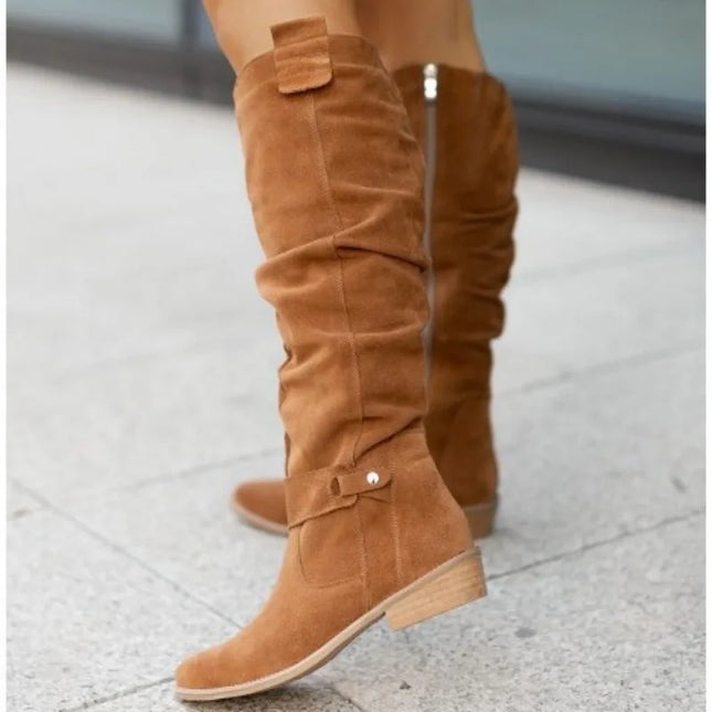 Women's Long Suede Boots with Low Heel and Side Zip - Stylish & Comfortable Footwear