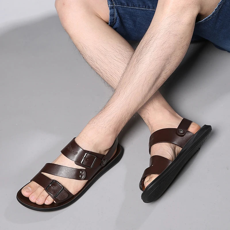 Men's Casual Faux Leather Sandals - Non-Slip, Breathable Roman Slippers