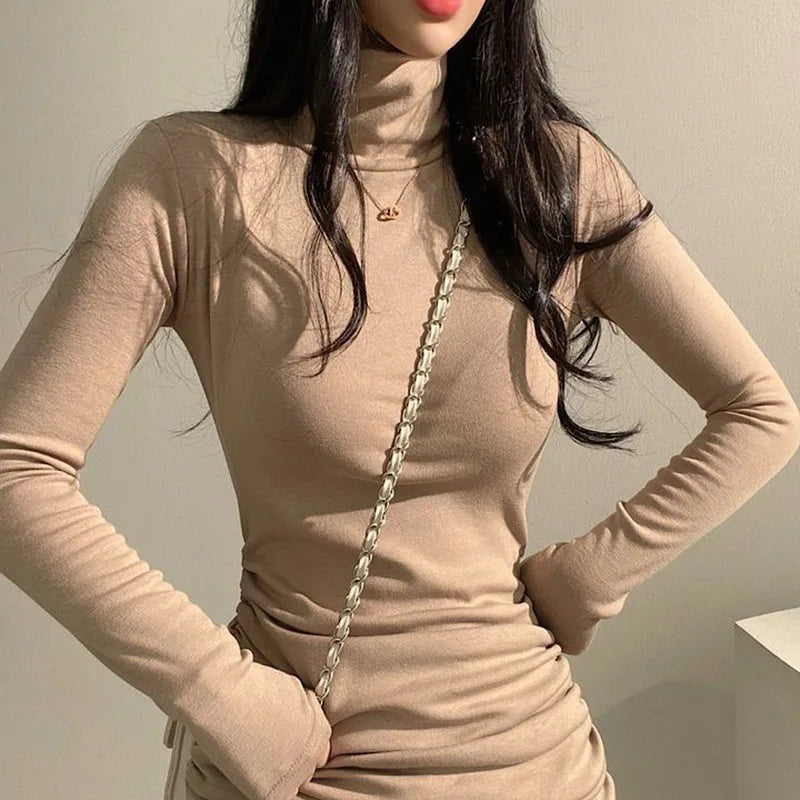 Women's High Waist Thickened Slim Fit Elastic Turtleneck Dress