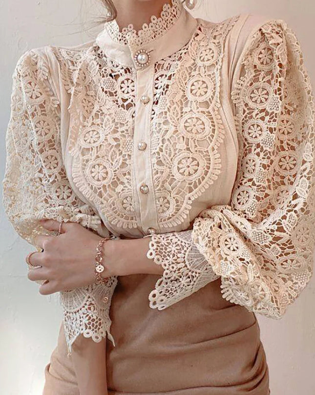 Elegant Women's Chiffon Turtleneck Blouse with Floral Lace Details