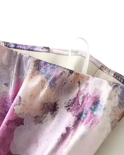Women's High-Waisted Floral Print Satin-Like Long Skirt