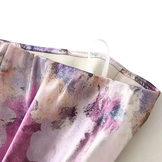 Women's High-Waisted Floral Print Satin-Like Long Skirt