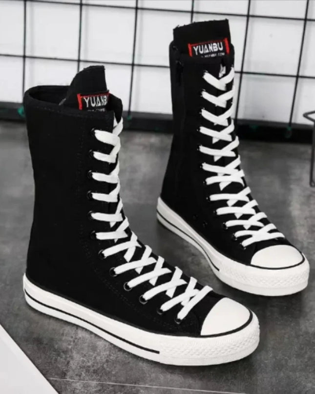 Women's Canvas Sneakers with Mid Tube Lace-Up Design and Side Zipper
