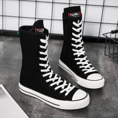 Women's Canvas Sneakers with Mid Tube Lace-Up Design and Side Zipper