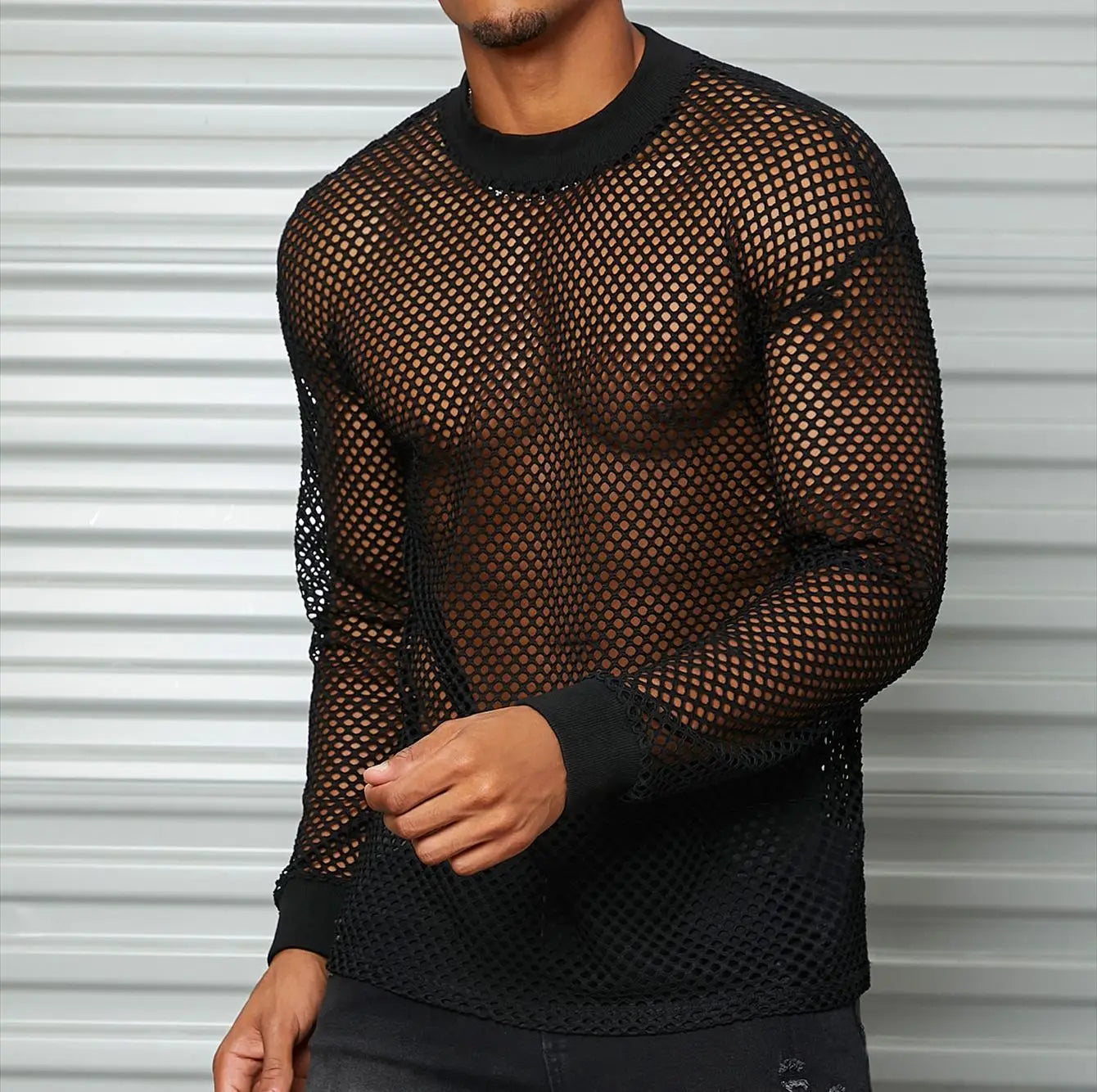 Men's Casual Transparent Mesh Long Sleeve Sweater – Breathable, Stylish
