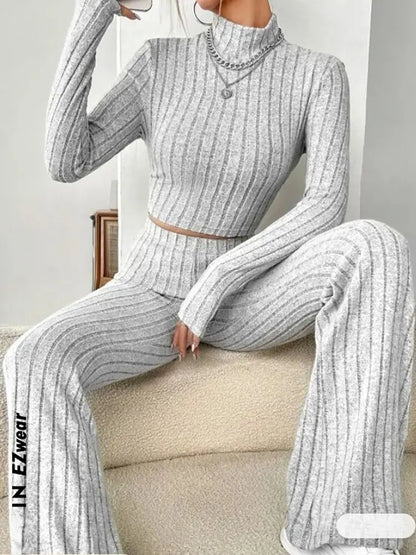 Women's Stand Collar Crop Sweater and Flared Pants 2-Piece Set