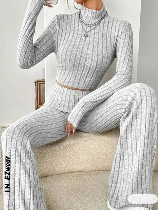 Women's Stand Collar Crop Sweater and Flared Pants 2-Piece Set