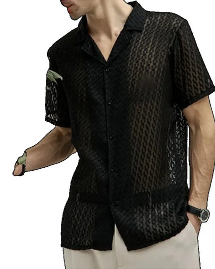 Men's Short Sleeve Mesh Lace Hollow Out Shirt