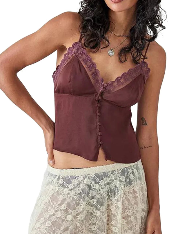 Women's Vintage V-Neck Camisoles with Spaghetti Straps & Button-Down Design