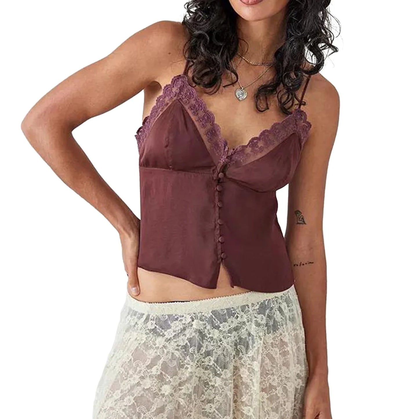 Women's Vintage V-Neck Camisoles with Spaghetti Straps & Button-Down Design