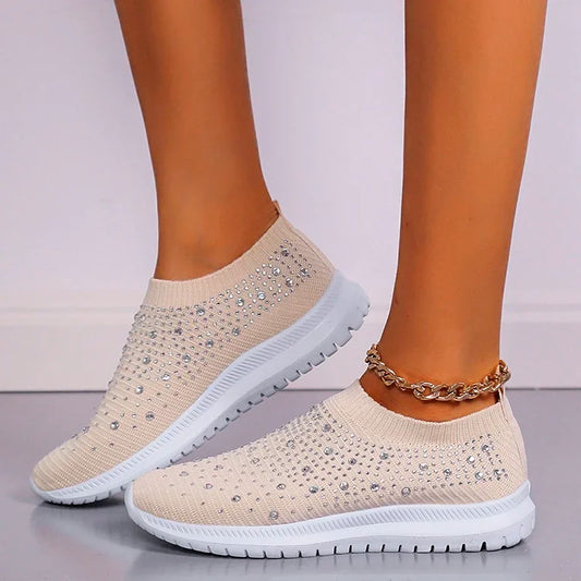 Women's Rhinestone Glitter Mesh Slip On Sneakers
