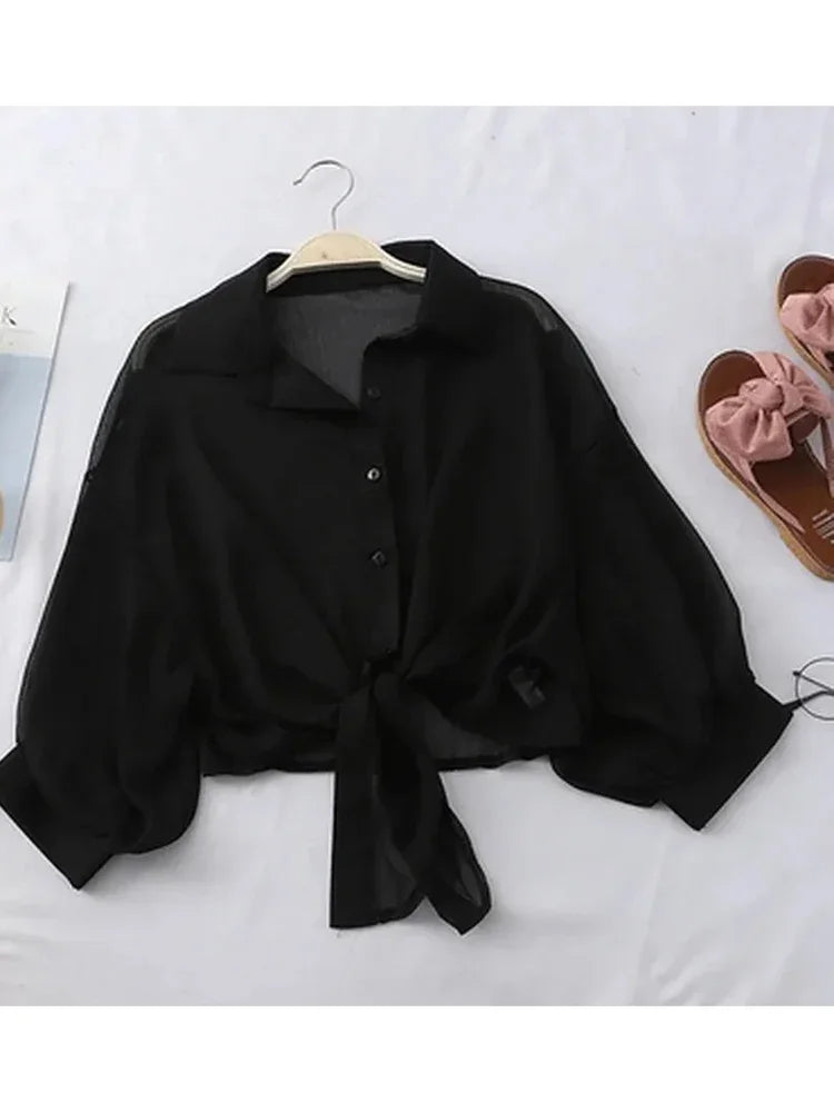 Women's Loose Tied Waist Blouse - Half Sleeve Chiffon Button-Up Shirt