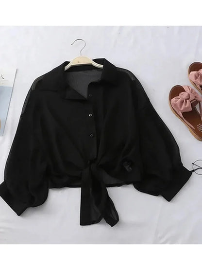 Women's Loose Tied Waist Blouse - Half Sleeve Chiffon Button-Up Shirt