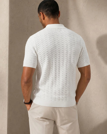 Men's Textured Knit Polo Shirt with Short Sleeves and Half Zip Neck