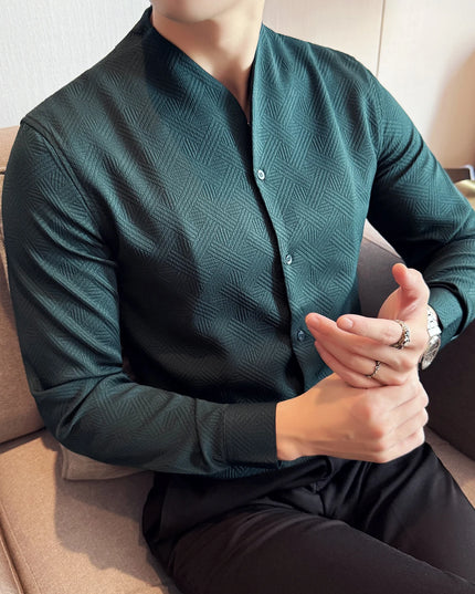 Men's V-Neck Long Sleeve Slim Fit Casual Shirt with Stand Collar