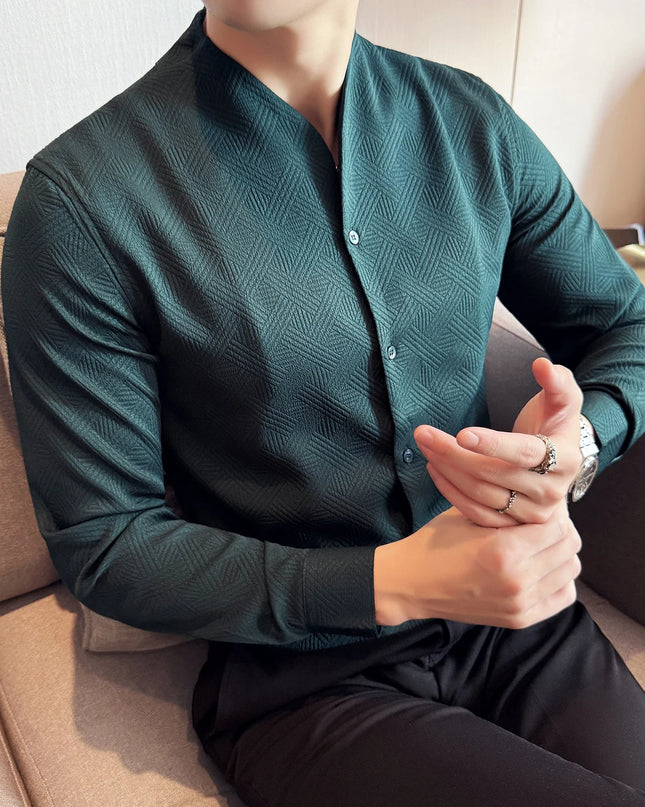 Men's V-Neck Long Sleeve Slim Fit Casual Shirt with Stand Collar