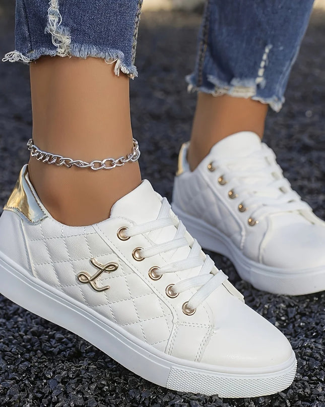 Women's Lightweight Sneakers with Gold Embellishments - Lace-Up Style