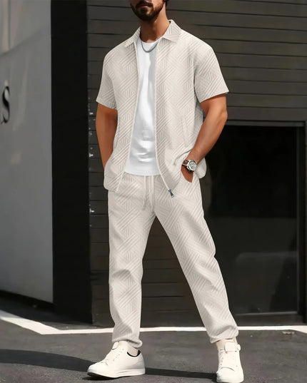 Men's Jacquard 2-Piece Short Sleeve Shirt and Pants Set with Turn-Down Collar and Zip Closure
