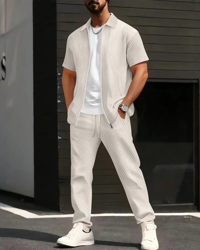 Men's Jacquard 2-Piece Short Sleeve Shirt and Pants Set with Turn-Down Collar and Zip Closure