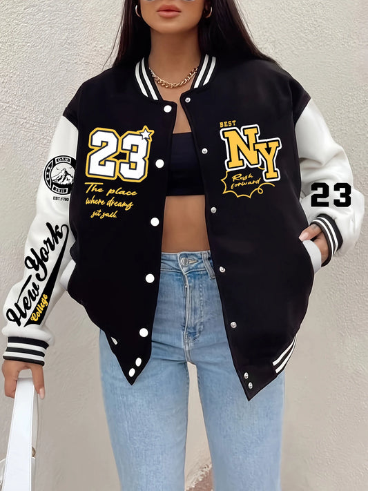 Women's New York Art Letter 23 Printed Fleece Baseball Jacket