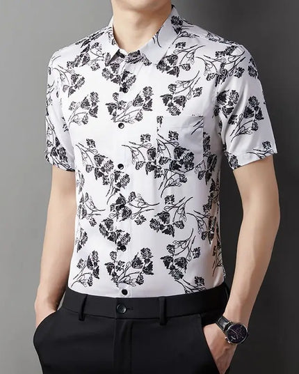 Men's Slim Fit Short Sleeve Floral Print Casual Button-Down Shirt