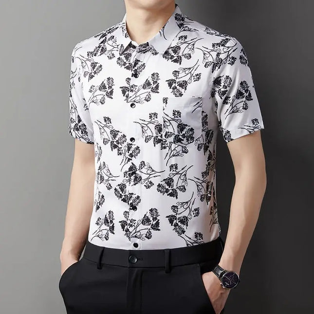 Men's Slim Fit Short Sleeve Floral Print Casual Button-Down Shirt