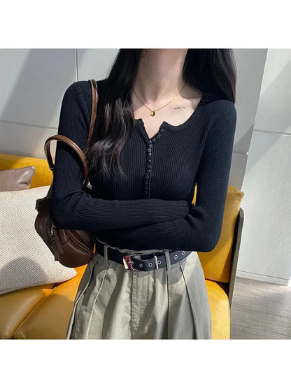 Women's Slim Fit Long Sleeve Knitted Sweater with Elastic Fit