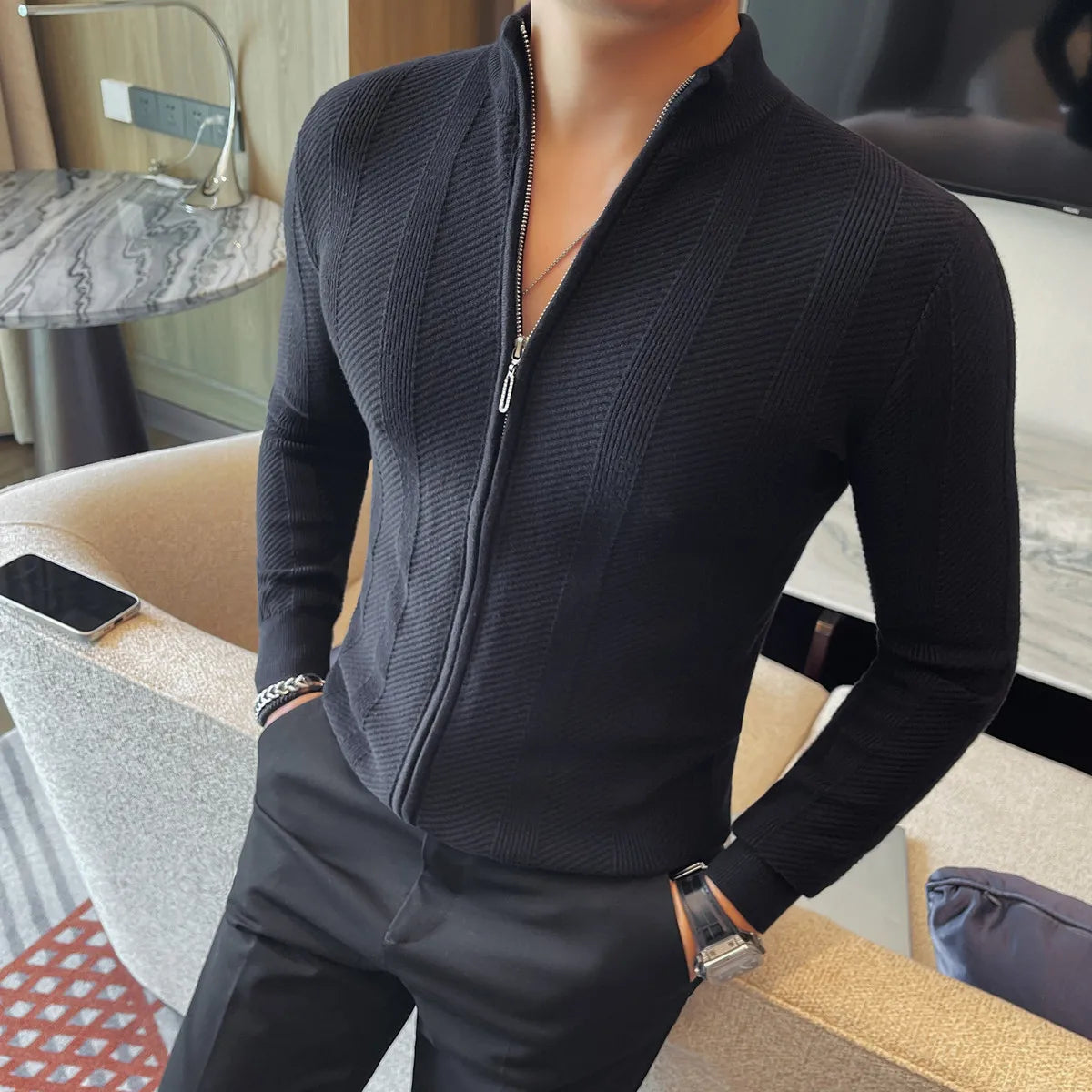 Men's Slim Fit Stand Collar Zipper Knitted Sweater Cardigan