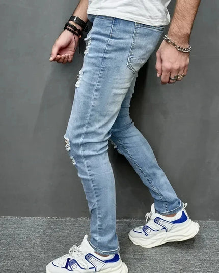 Men's Casual Skinny Ripped Denim Jeans - Stylish Slim Fit Trousers