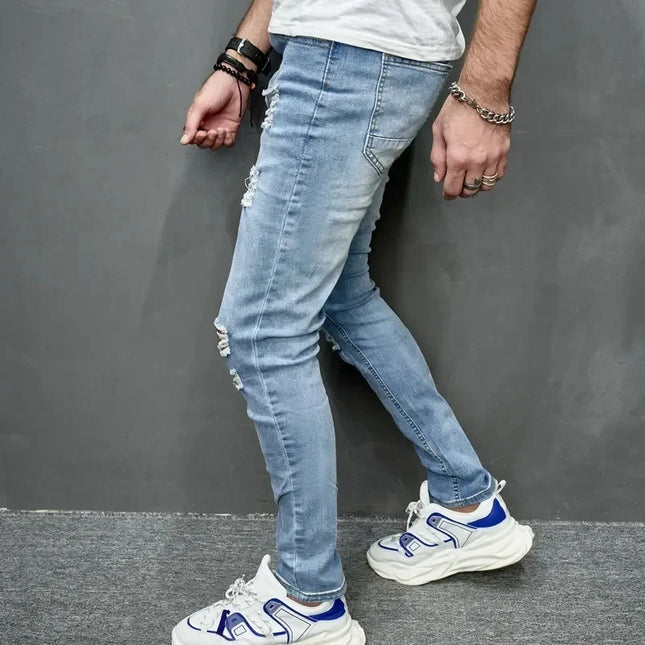 Men's Casual Skinny Ripped Denim Jeans - Stylish Slim Fit Trousers