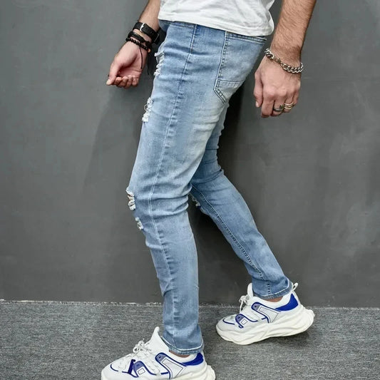 Men's Casual Skinny Ripped Denim Jeans - Stylish Slim Fit Trousers