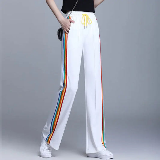Women’s High Waist Striped Rainbow Sweatpants - Elastic Lace-Up Loose Straight Leg 