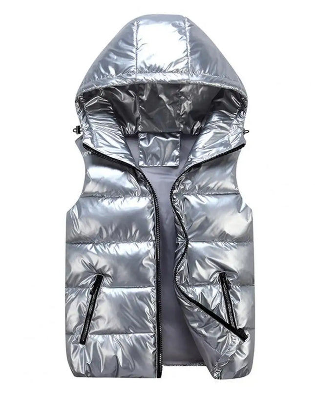 Women's Glossy Hooded Vest Jacket with Zipper Pockets - Classic Fit