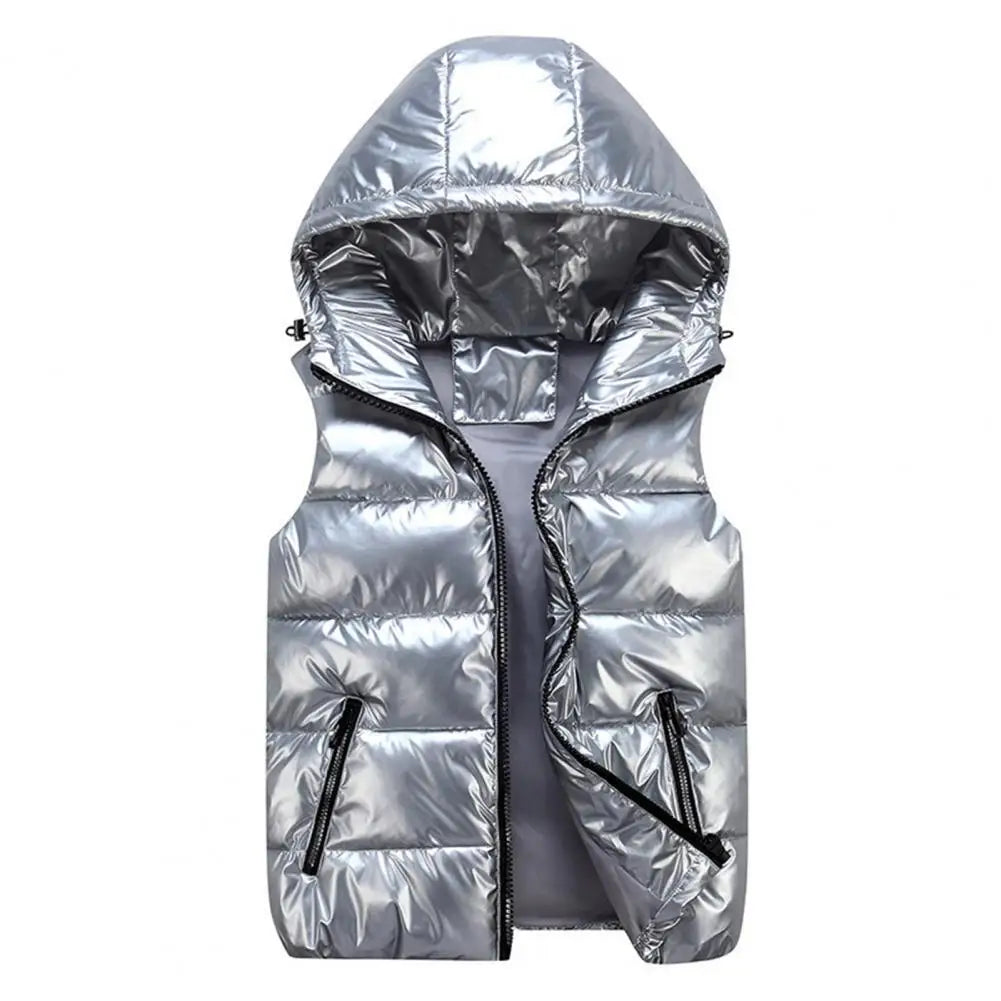 Women's Glossy Hooded Vest Jacket with Zipper Pockets - Classic Fit